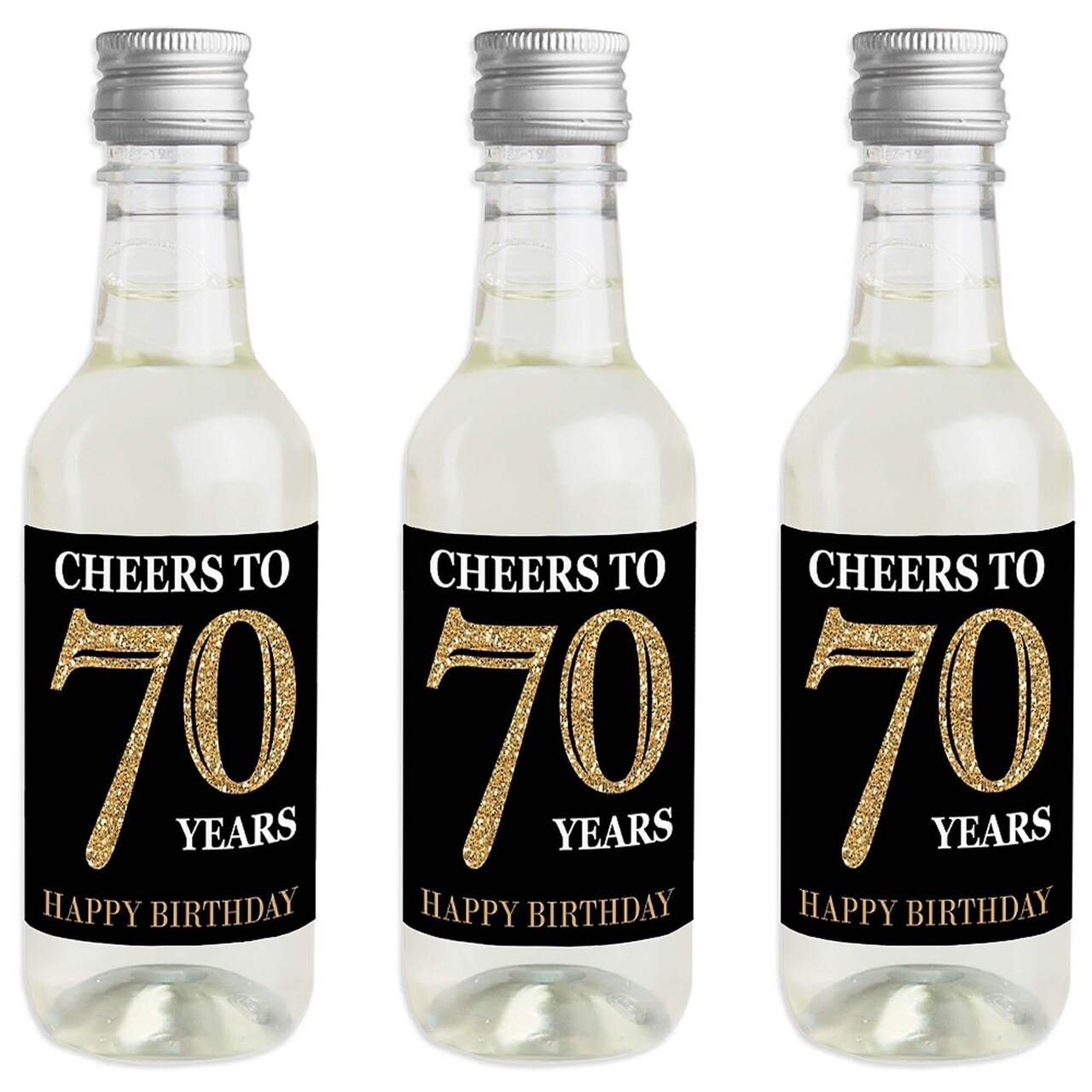 Big Dot of Happiness Adult 70th Birthday - Gold - Mini Wine & Champagne Bottle Label Stickers - Birthday Party Favor Gift for Women & Men - Set of 16